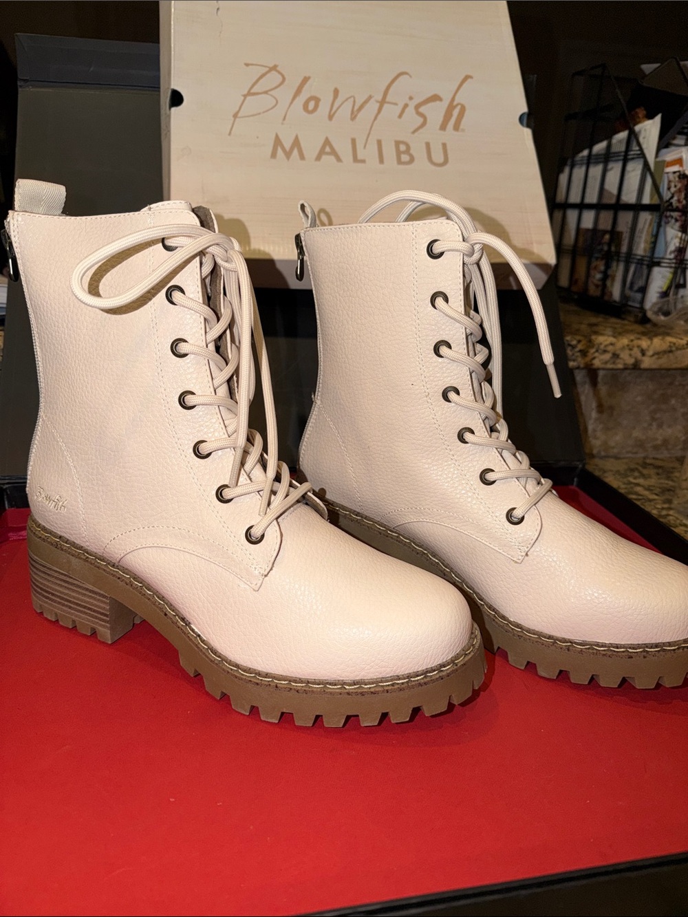 Blowfish Cream Lace-Up Lug Sole Boots